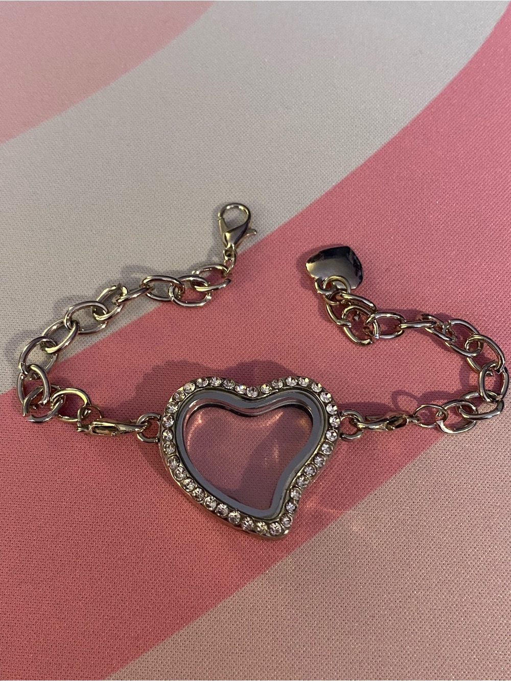 Silver Heart Locket Floating Charm Bracelet with Clear Crystals